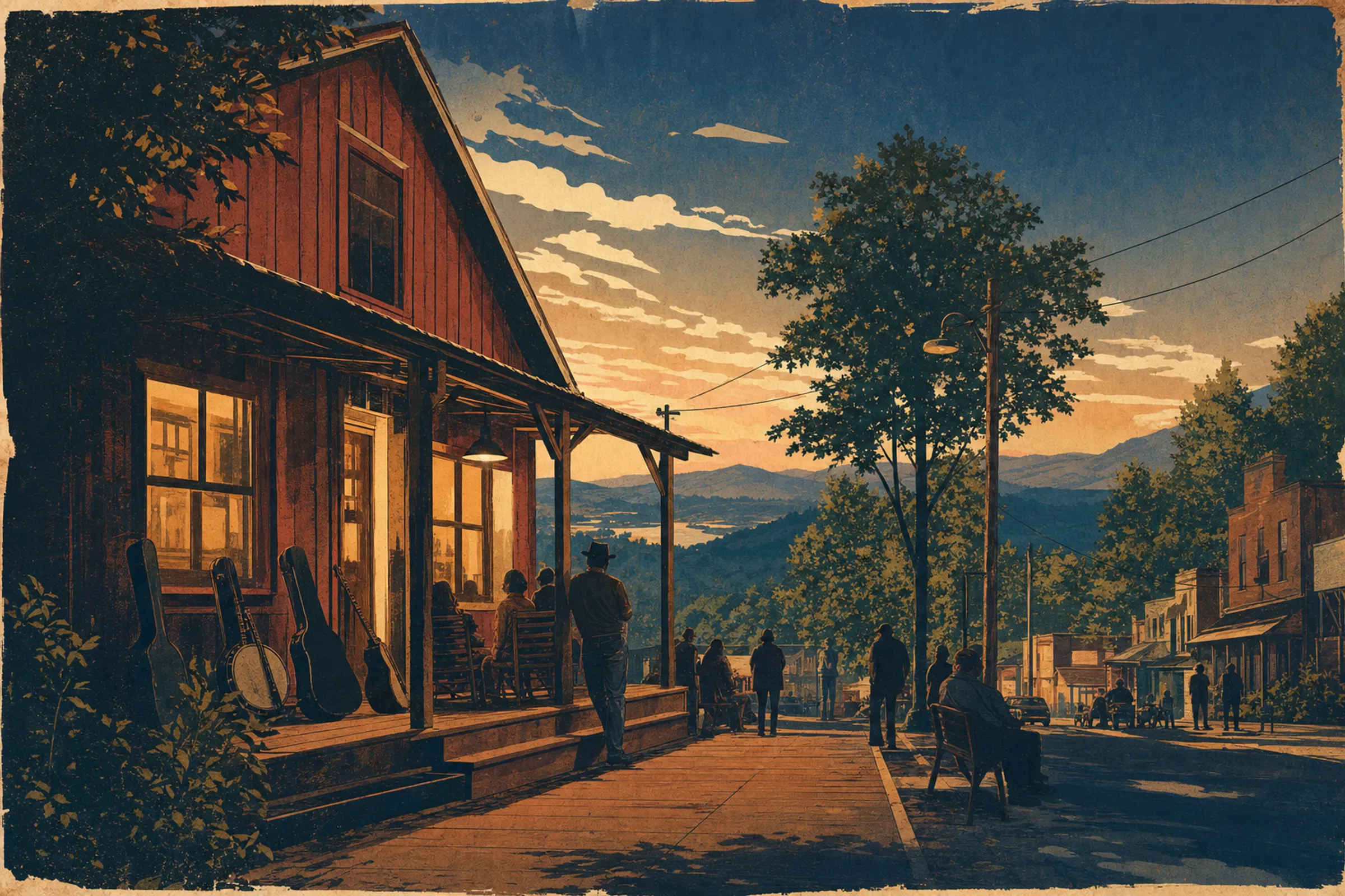 A barn-red song shop on a small Appalachian main street, its porch lit at dusk