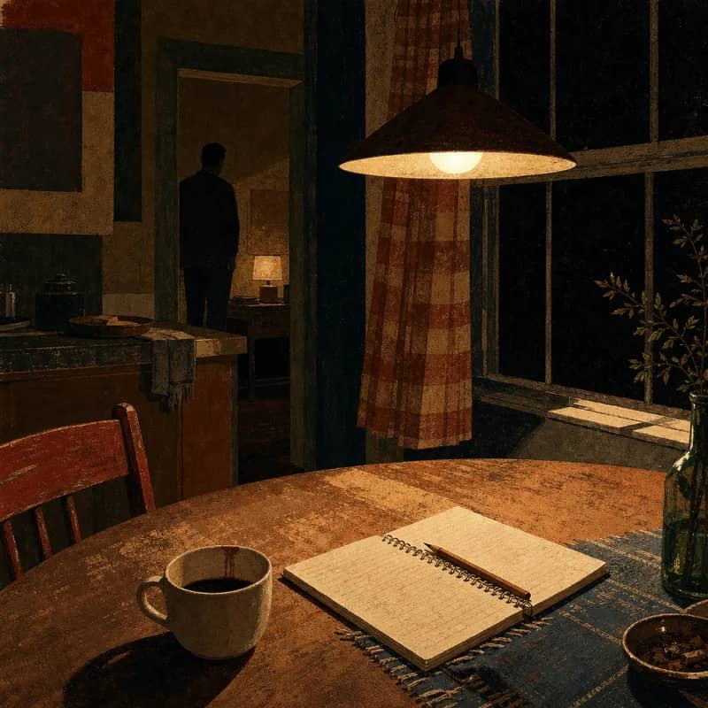 An old kitchen table after midnight with a notebook and a cup of coffee
