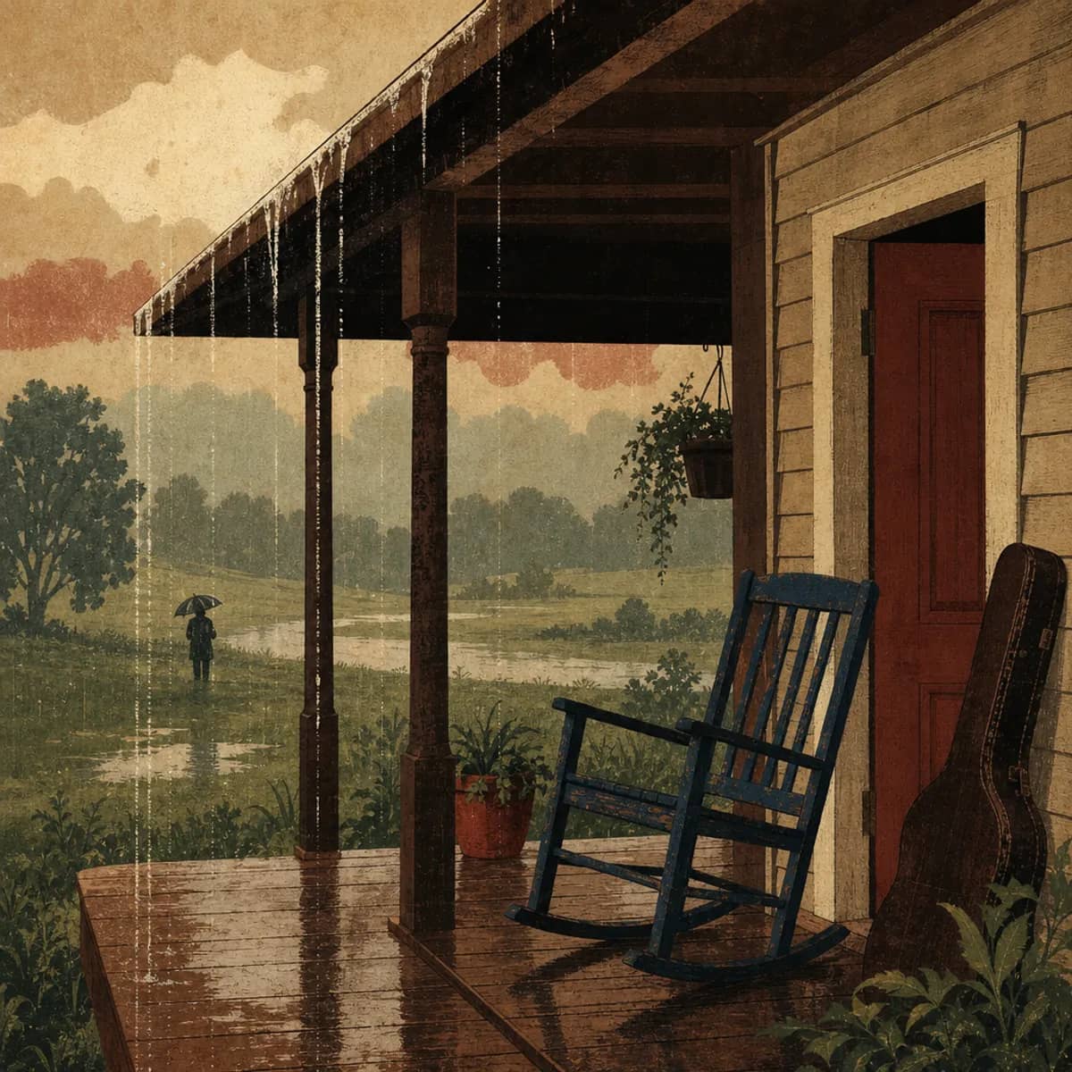 A wooden porch in summer rain with an empty chair and a guitar case