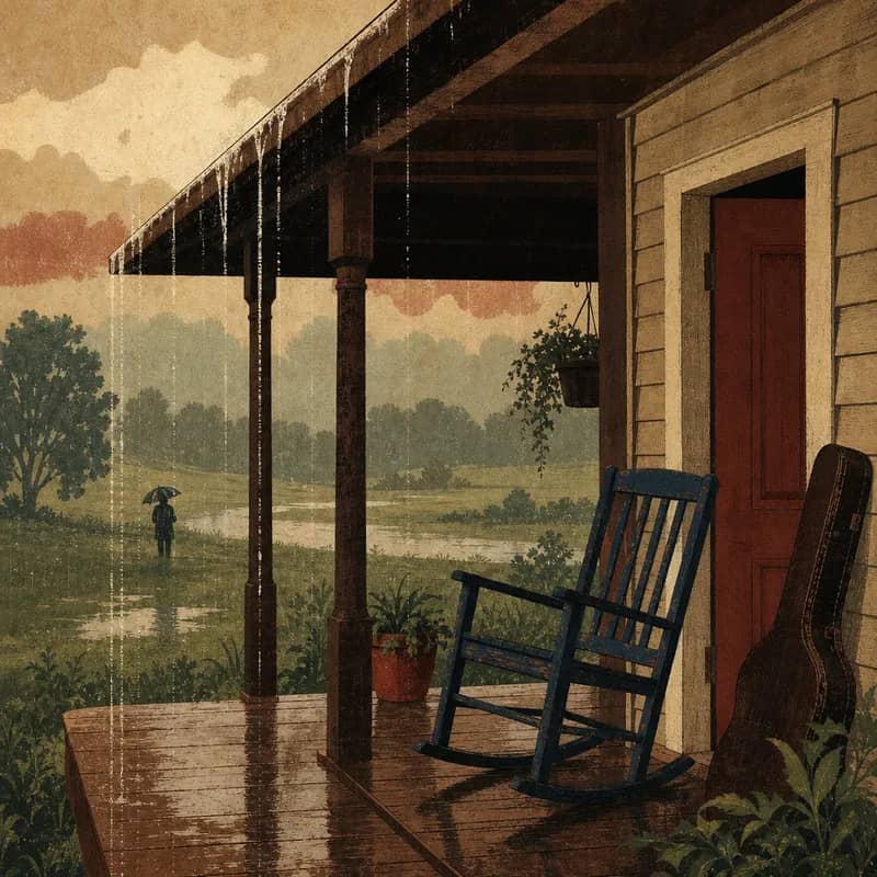 A wooden porch in summer rain with an empty chair and a guitar case